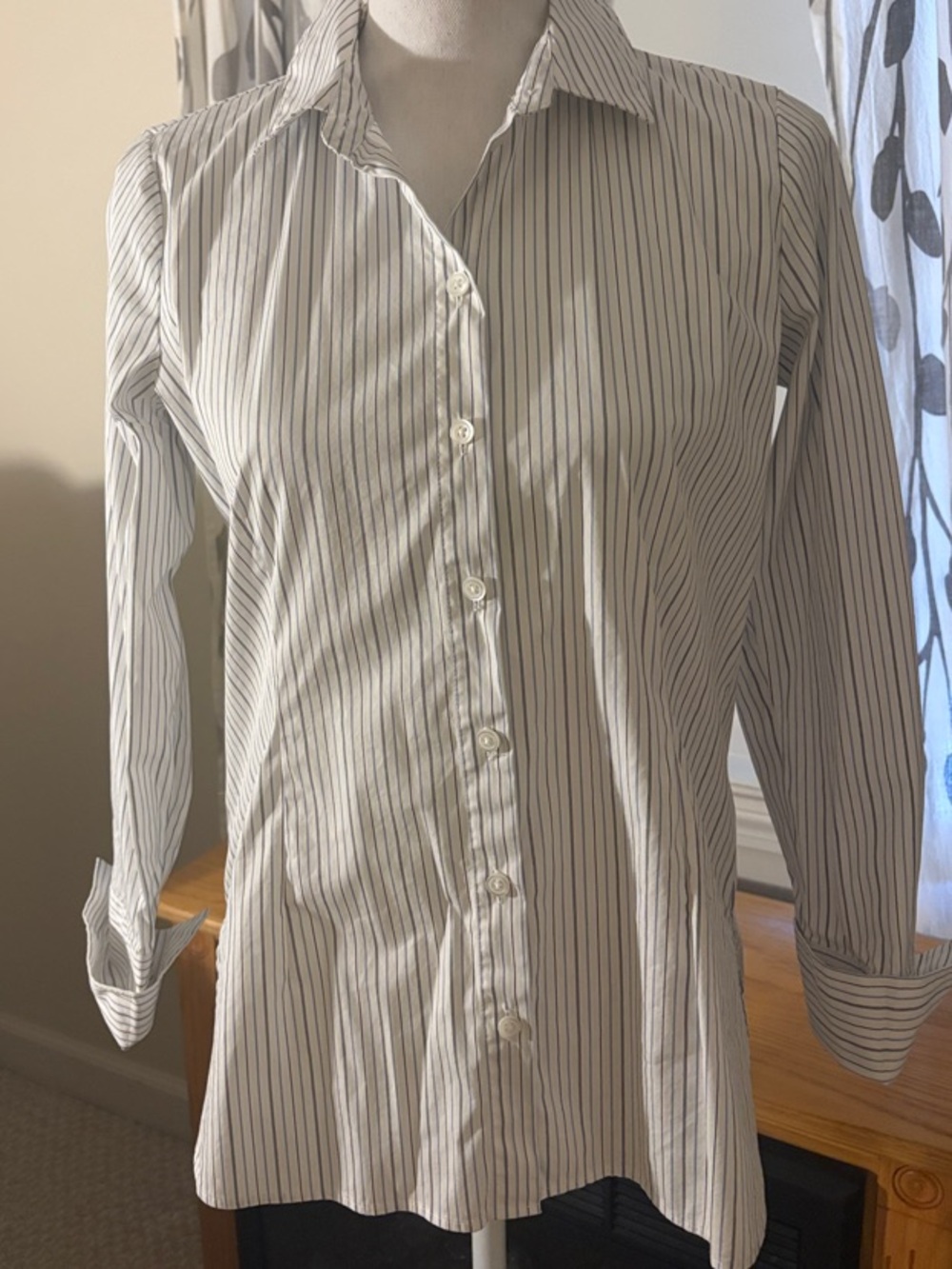 Ann Taylor Factory White Shirt with Black and Blue Pinstripes
